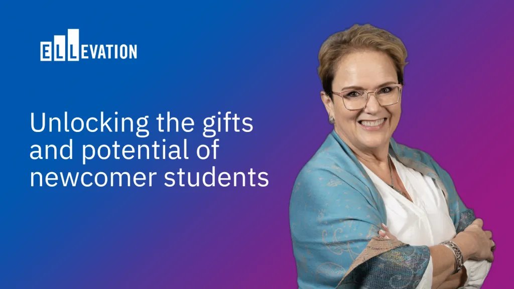 Blue and purple gradient background with a smiling woman with Unlocking the gifts and potential of newcomer studentsa blue shawl. She is Sandra Medrano-Arroyo. Text says: