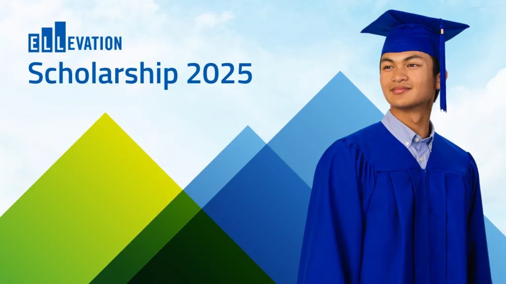 Blue and green background with a young man in blue graduation robes. Text says Scholarship 2025