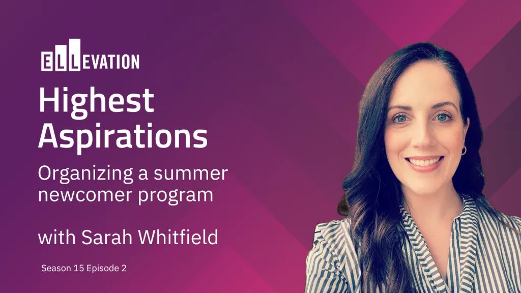 Pink background with a smiling woman with brown hair. Text says: Highest Aspirations Organizing a summer newcomer program with Sarah Whitfield Season 15 Episode 2